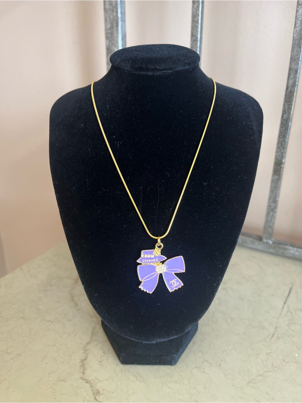 CHANEL Lavender Enamel Bow Pendant Necklace - Gold Tone 20” chain